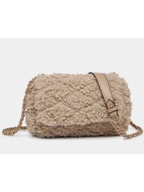 Ladies Beige Sherpa Fuzzy Quilted Crossbody Bag Gold Chain Link NWT